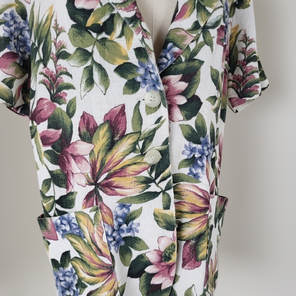 90’s botanical blazer short sleeve blouse button up floral long pockets vintage - Picture 3 of 16